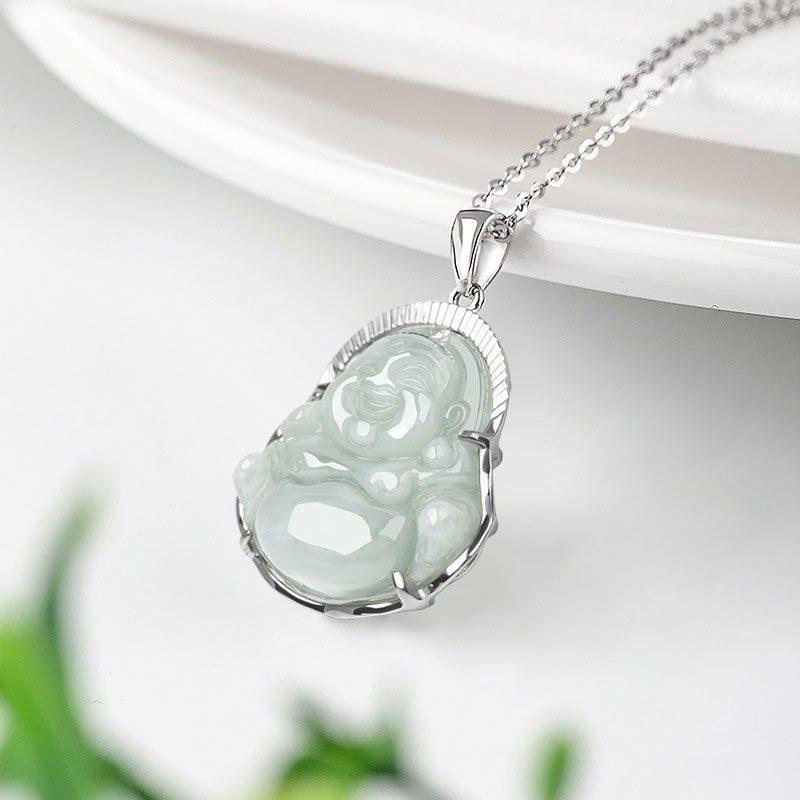 KarmaRipple's 925 Sterling Silver Laughing Buddha Jade Fortune Calm Pendant Chain Necklace p5