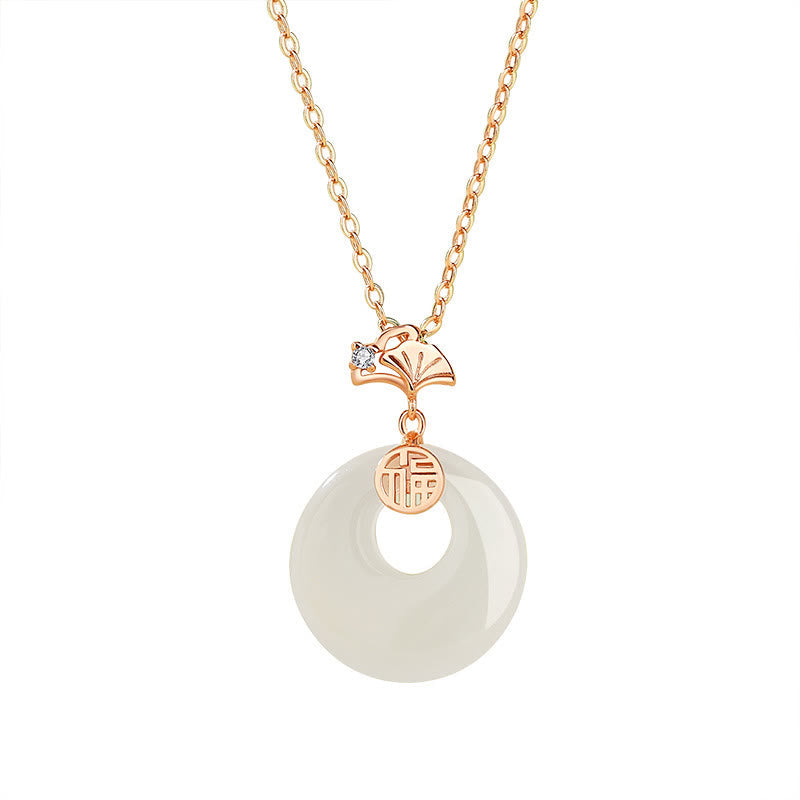KarmaRipple's 925 Sterling Silver Ginkgo Leaf Butterfly Rose Chalcedony Hetian Jade Peace Buckle Fu Character Balance Pendant Necklace p10