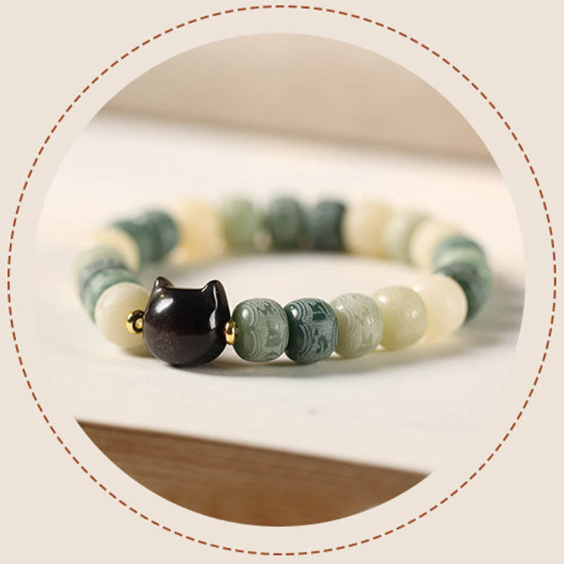 KarmaRipple's Bodhi Seed Silver Sheen Obsidian Cat Head Om Mani Padme Hum Engraved Balance Bracelet p13