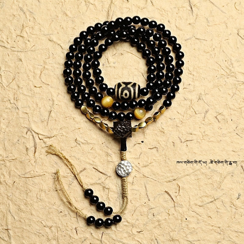 KarmaRipple's Tibetan 108 Mala Beadwork Black Onyx Three-eyed Dzi Beadwork Protection Bracelet p19
