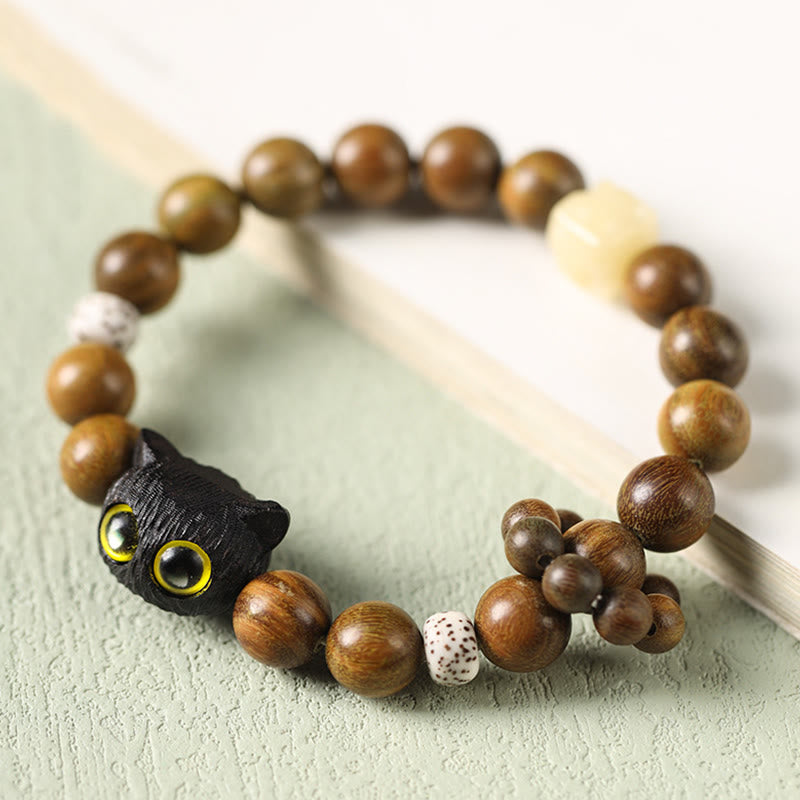 KarmaRipple's Green Sandalwood Ebony Wood Cat Peace Soothing Bracelet p1