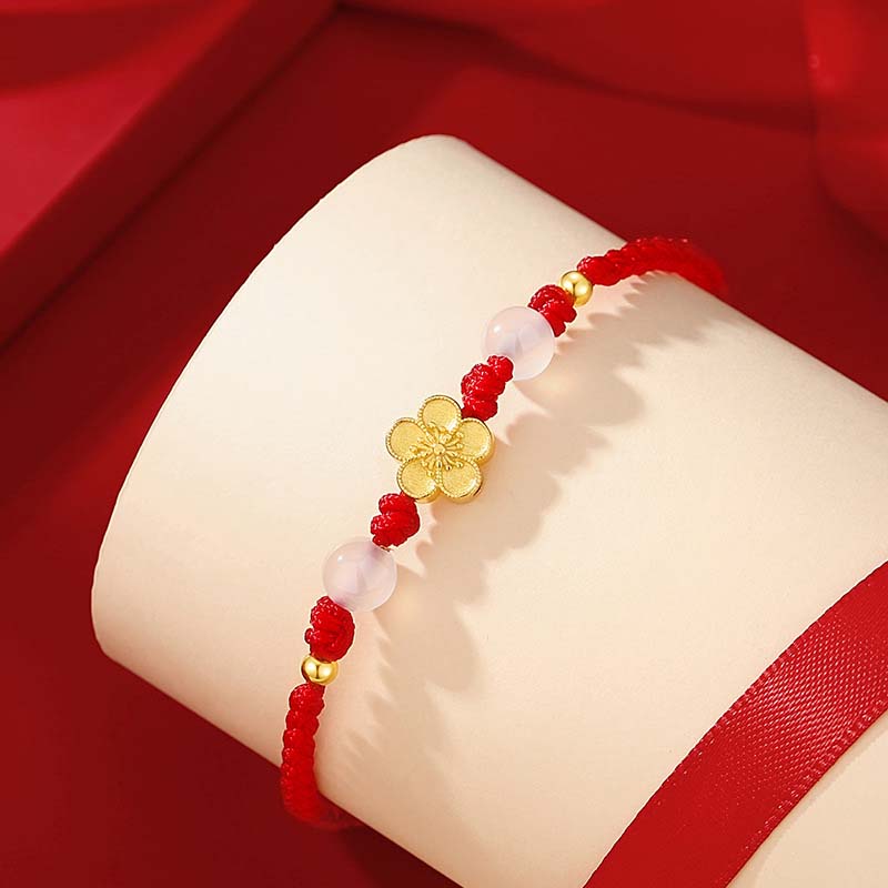 KarmaRipple's Handmade 925 Sterling Silver Peach Blossom Cherry Sakura Chalcedony Bead Fortune Red Rope Bracelet p4