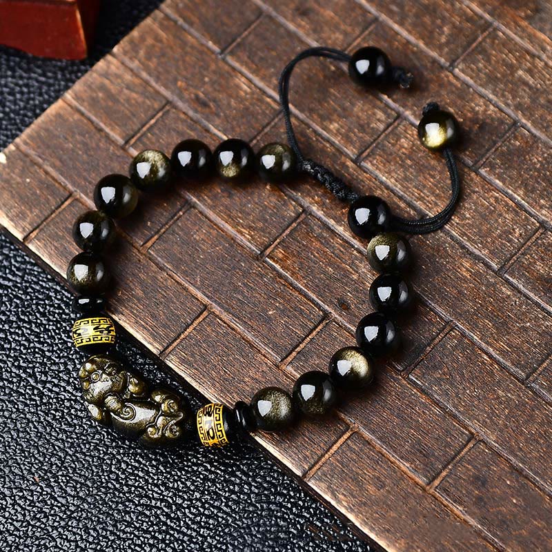 KarmaRipple's Authentic Gold Sheen Obsidian PiXiu Om Mani Padme Hum Wealth Woven Bracelet p19