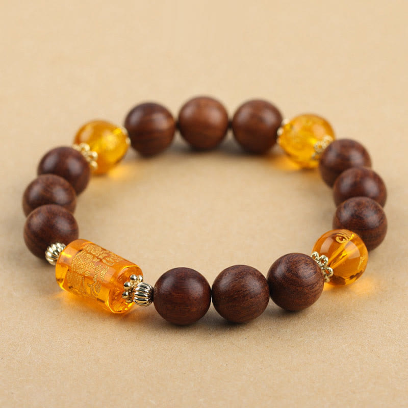 KarmaRipple's Authentic Phoebe Zhennan Wood Om Mani Padme Hum God Of Wealth Gemstone Protection Bracelet p4