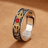 KarmaRipple's Tibetan Om Mani Padme Hum Red Agate Dorje Vajra Design Wisdom Ring