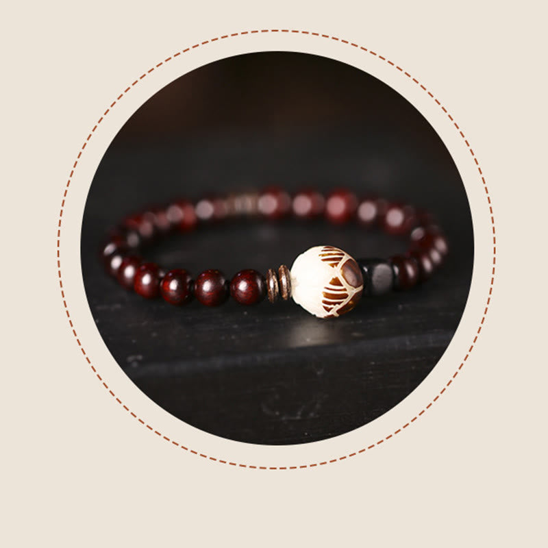 KarmaRipple's Small Leaf Red Sandalwood Lotus Bodhi Seed Carved Protection Double Wrap Bracelet p12