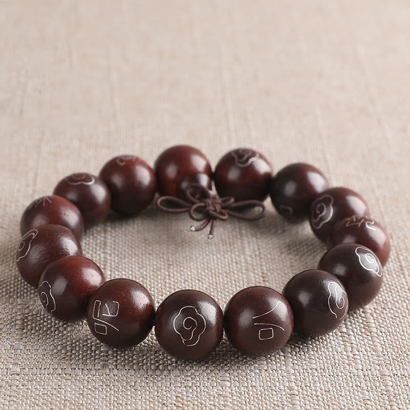 KarmaRipple's 925 Sterling Silver Inlaid Small Leaf Red Sandalwood Om Mani Padme Hum Character Auspicious Clouds Protection Bracelet p26