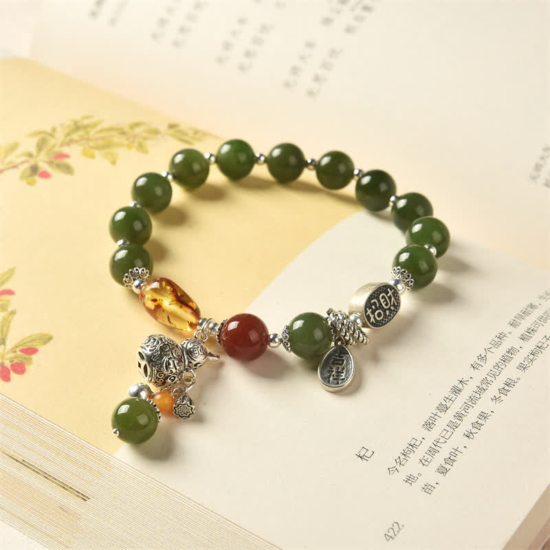 KarmaRipple's 925 Sterling Silver Hetian Cyan Jade Gourd Amber Success Bracelet p4