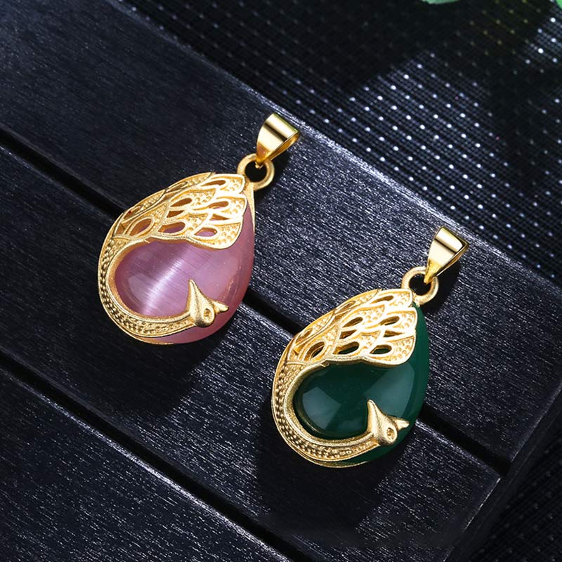KarmaRipple's Pink Gemstone Green Chalcedony Peacock Bronze Soothing Love Pendant Necklace p4