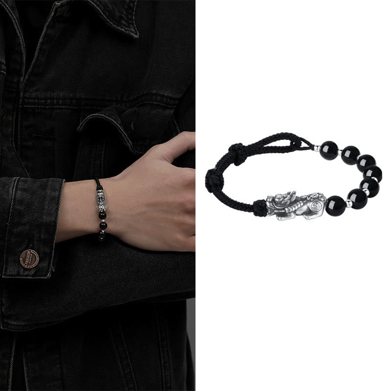 KarmaRipple's 999 Sterling Silver FengShui PiXiu Authentic Black Obsidian 925 Sterling Silver Bead Strength Bracelet p8