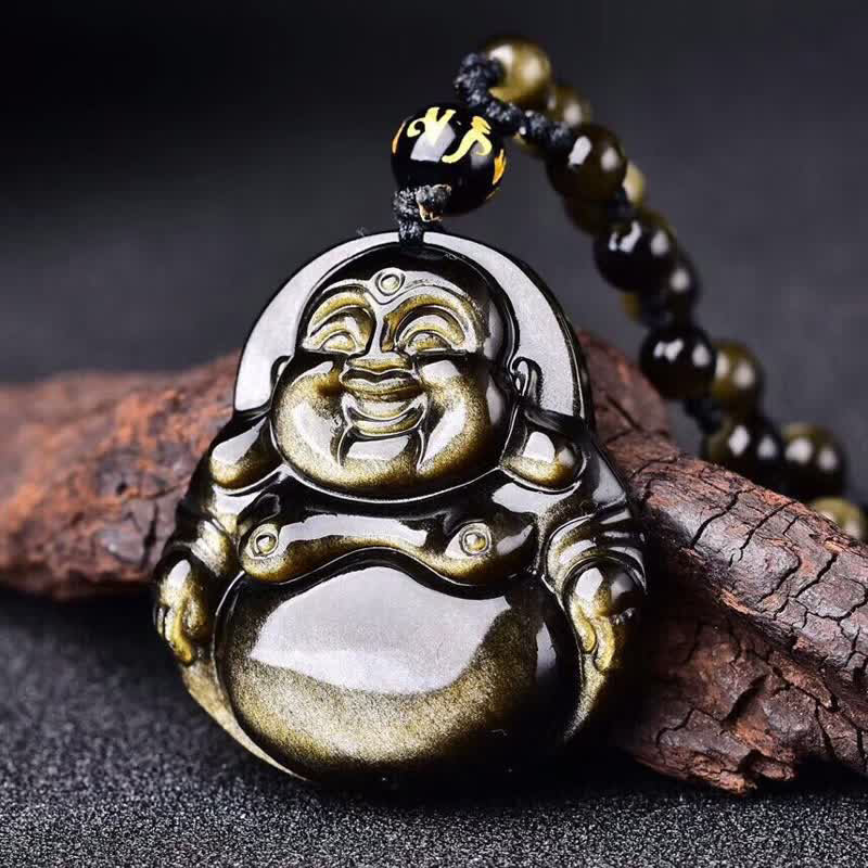 KarmaRipple's Laughing Buddha Gold Sheen Obsidian Wealth Pendant Necklace p10