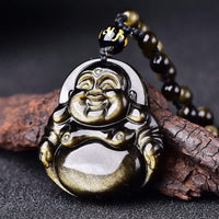 KarmaRipple's Laughing Buddha Gold Sheen Obsidian Wealth Pendant Necklace