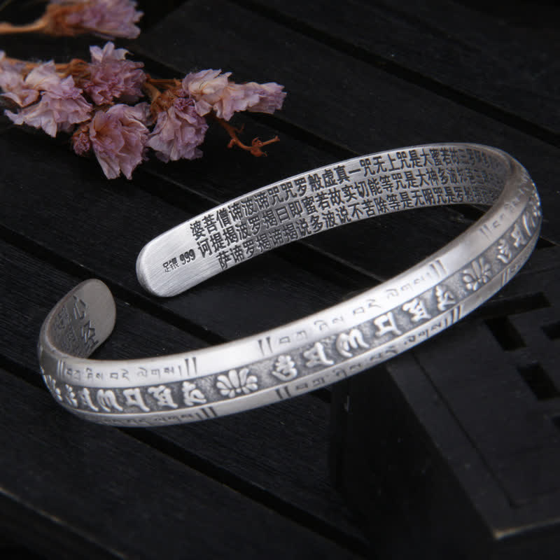 KarmaRipple's 999 Sterling Silver Om Mani Padme Hum Heart Sutra Lotus Peace Bracelet Bangle p3