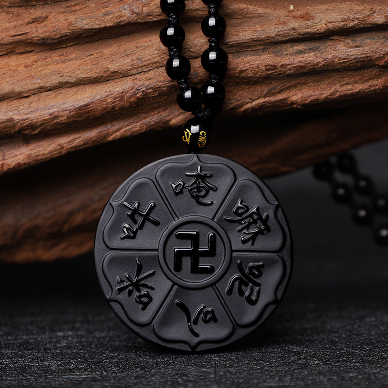 KarmaRipple's Authentic Black Obsidian Tibetan Om Mani Padme Hum Buddha Swastika Fortune Pendant Necklace p6