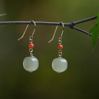 KarmaRipple's 925 Sterling Silver 14K Gold Plated Hetian Jade Red Agate Fortune Drop Dangle Earrings