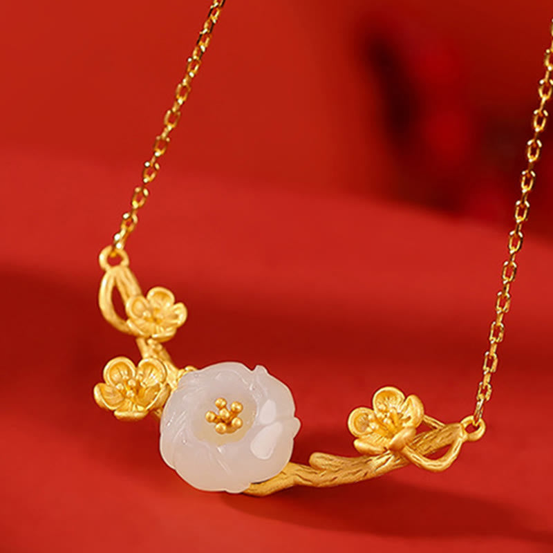 KarmaRipple's 925 Sterling Silver Plated Gold Hetian Jade Plum Blossom Fortune Pendant Necklace Bracelet Bangle Ring p6