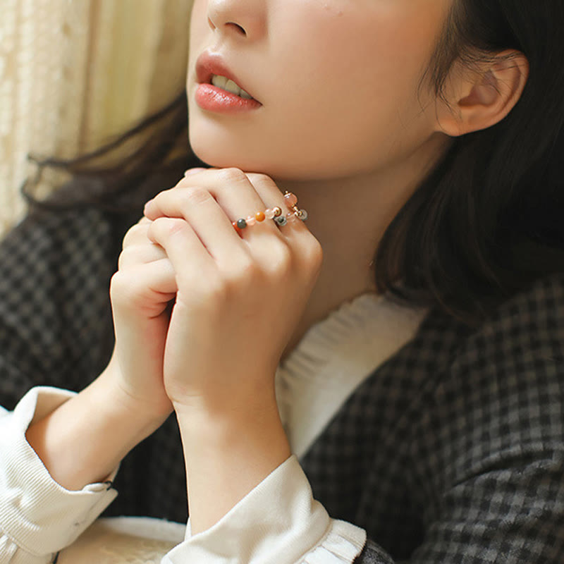 KarmaRipple's 14k Gold Plated Bronze Fu Lu Shou Gemstone Peach Moonstone Happiness Wealth Ring p12