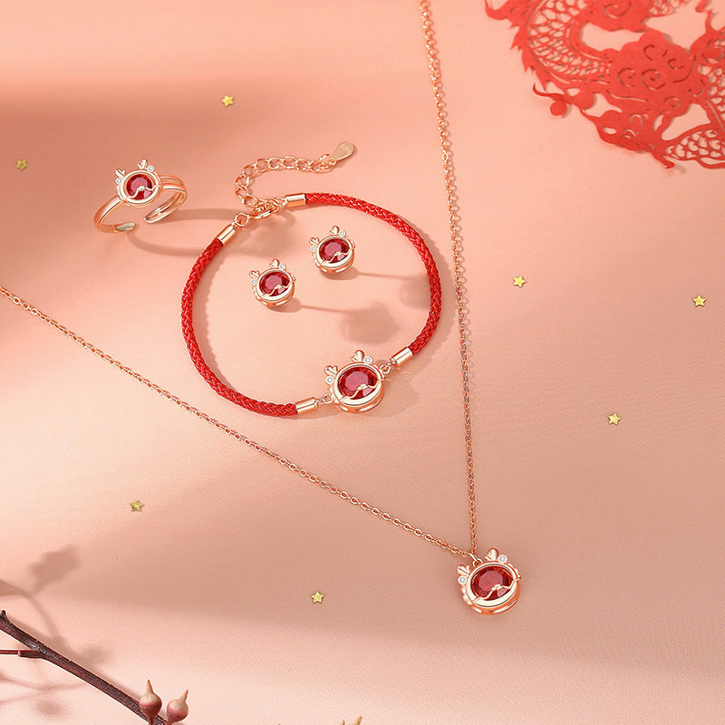 KarmaRipple's 925 Sterling Silver Year Of The Dragon Fortune Red Zircon Pendant Necklace Bracelet Earrings Ring ( p5