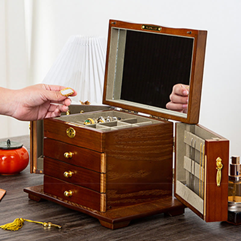 KarmaRipple's Vintage Large Capacity Wooden Jewelry Box Jewelry Storage Box With Mirror p5