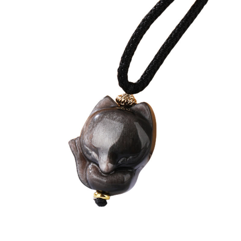 KarmaRipple's Authentic Silver Sheen Obsidian Nine Tailed Fox Protection Pendant Necklace p10