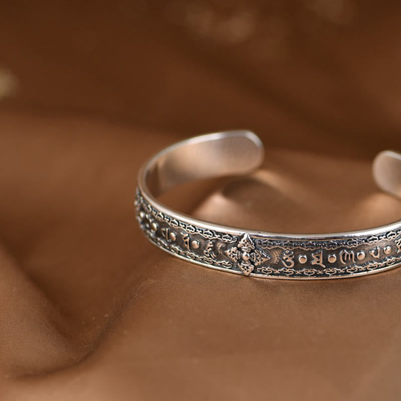 KarmaRipple's 925 Sterling Silver Om Mani Padme Hum Double Dorje Engraved Wisdom Cuff Bracelet Bangle p8