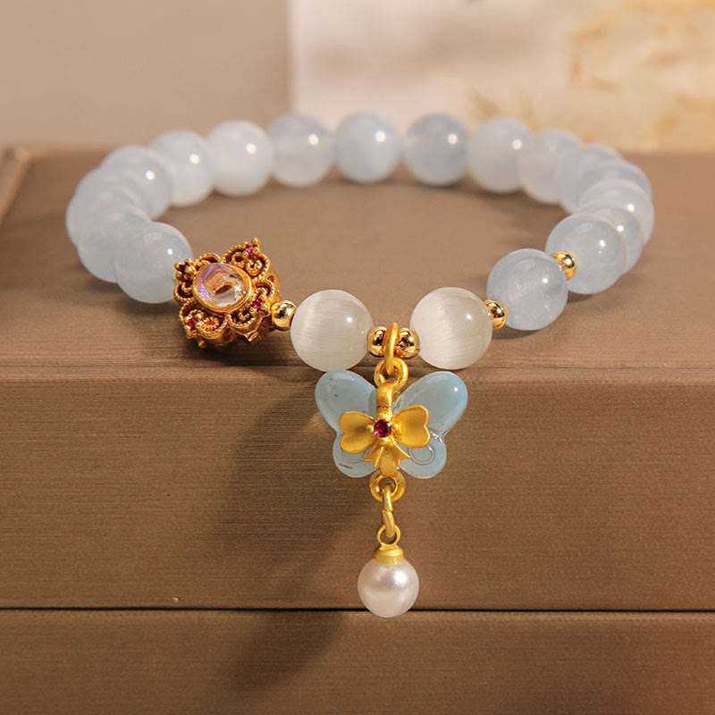 KarmaRipple's Aquamarine Cat's Eye Balancing Butterfly Pearl Talisman Bracelet p1