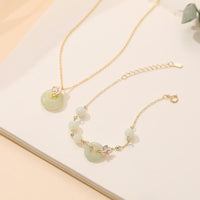 KarmaRipple's 925 Sterling Silver Authentic Hetian Jade Peace Buckle Orchid Fortune Bracelet Pendant Necklace Set