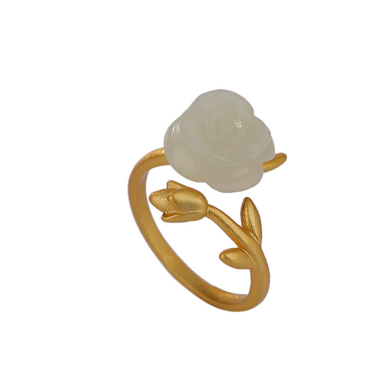 KarmaRipple's 925 Sterling Silver Plated Gold Rose Flower Hetian Ivory Jade Happiness Ring p8
