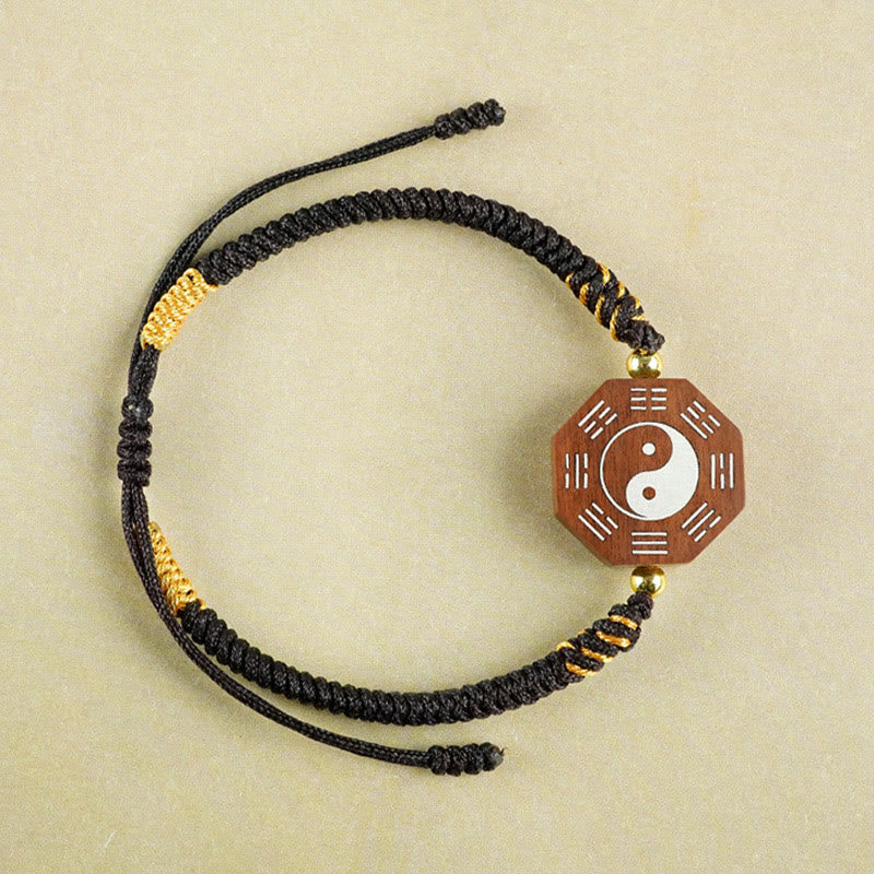 KarmaRipple's Small Leaf Red Sandalwood Jujube Wood Ebony Wood Silver Inlaid Yin Yang Bagua Big Dipper Protection Bracelet p24