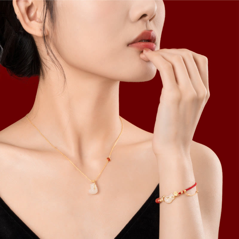 KarmaRipple's 925 Sterling Silver Plated 18K Gold Hetian Jade Ruyi Cat Cinnabar Fortune Bracelet Pendant Necklace Set p5