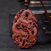 KarmaRipple's Lightning Struck Jujube Wood Double Dragon Relief Ward Off Evil Spirits Pendant Necklace