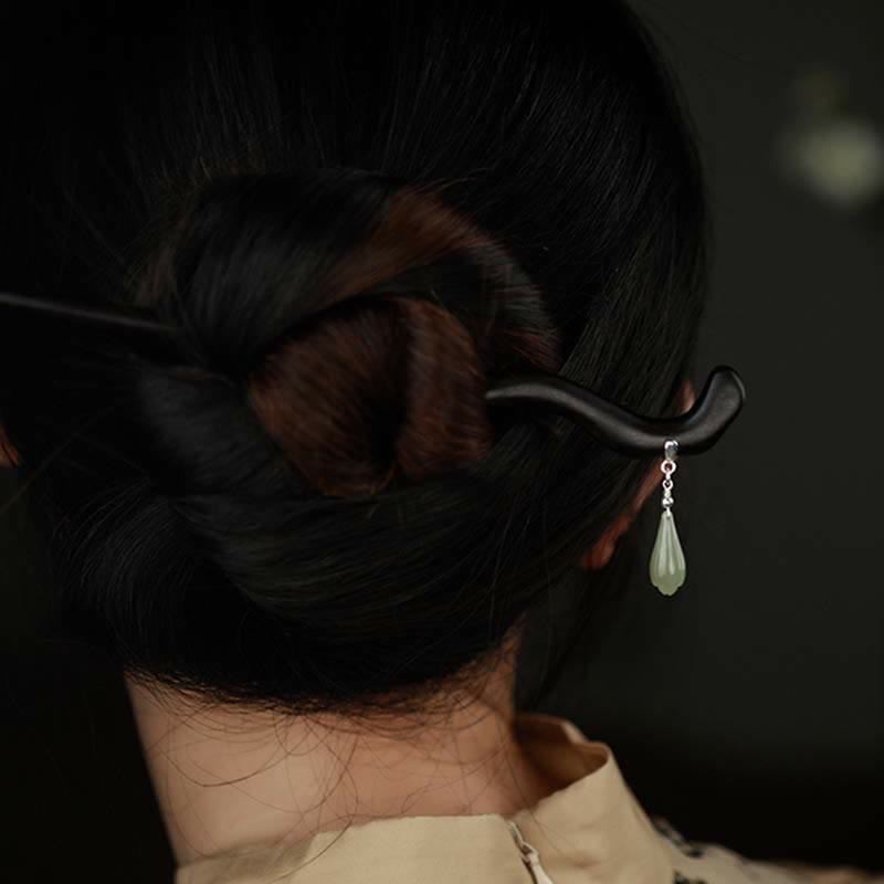 KarmaRipple's 925 Sterling Silver Authentic Hetian Jade Ebony Wood Fortune Talisman Hairpin p5
