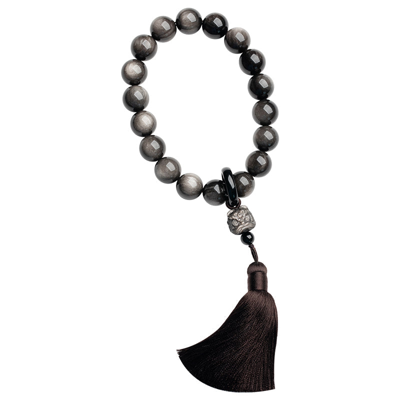 KarmaRipple's Authentic Silver Sheen Obsidian Black Obsidian Lion Wrist Mala Protection Tassels Pocket Mala Car Decoration p12