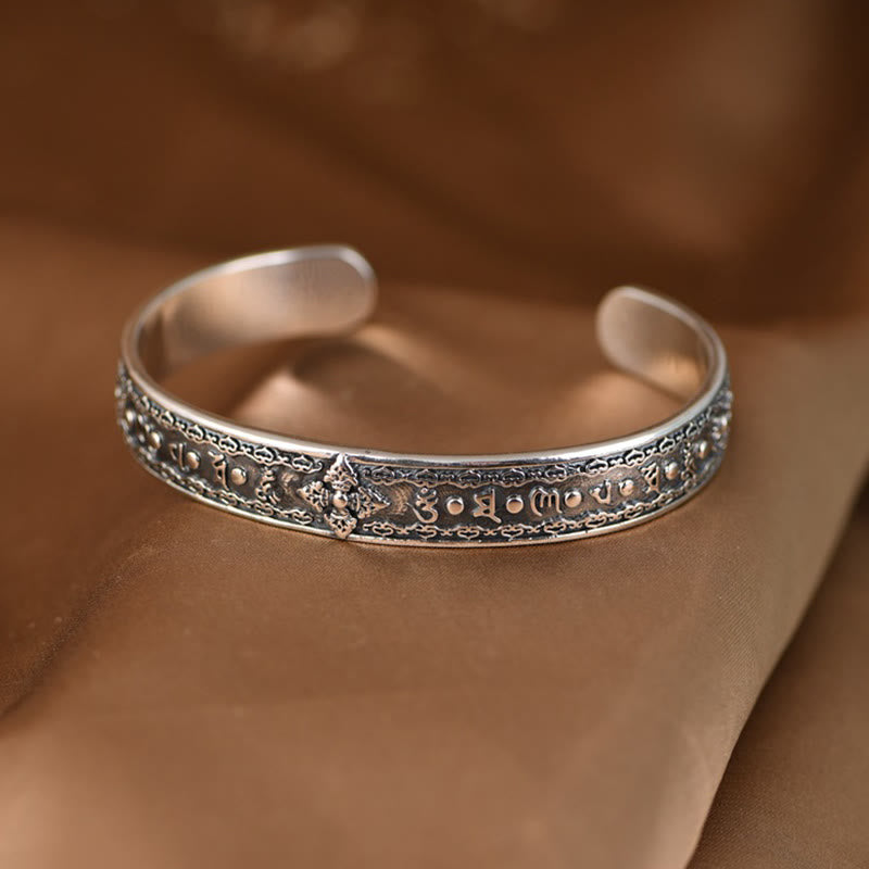 KarmaRipple's 925 Sterling Silver Om Mani Padme Hum Double Dorje Engraved Wisdom Cuff Bracelet Bangle p1
