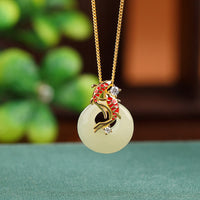 KarmaRipple's 925 Sterling Silver Hetian Jade Peace Buckle Koi Fish Fortune Pendant Necklace