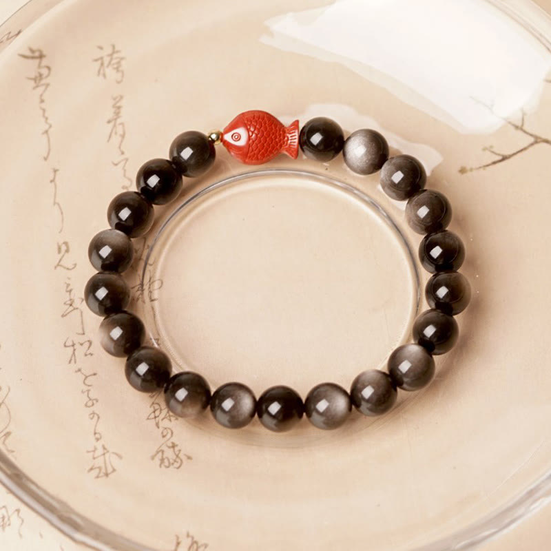 KarmaRipple's Authentic Silver Sheen Obsidian Cinnabar Koi Fish Soothing Protection Bracelet p1