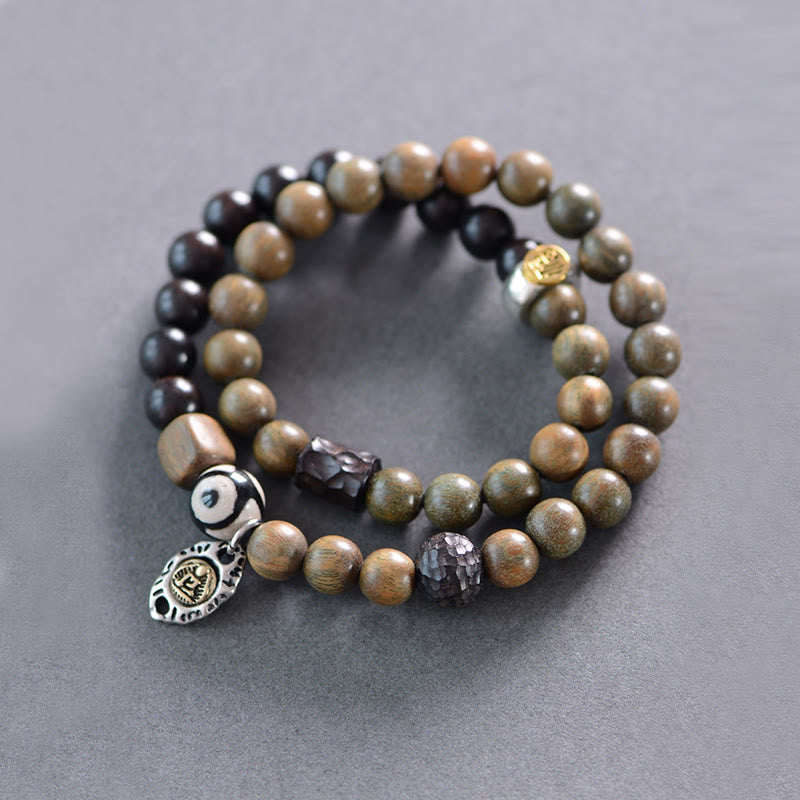 KarmaRipple's Tibetan Green Sandalwood Ebony Wood Three-eyed Dzi Bead Fu Character Balance Peace Double Wrap Bracelet p1