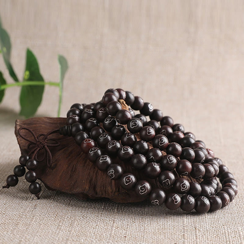 KarmaRipple's 925 Sterling Silver Inlaid Small Leaf Red Sandalwood Om Mani Padme Hum Character Auspicious Clouds Protection Bracelet p8