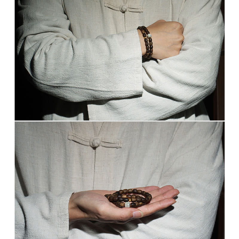 KarmaRipple's 999 Gold Rare Tarakan Agarwood Tibetan Old Spirit Bone Balance Strength Double Wrap Bracelet p20