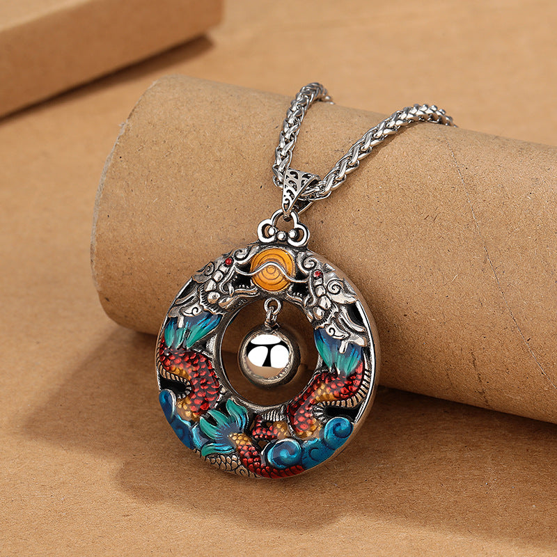 KarmaRipple's Year of the Dragon Colorful Double Dragons Playing Bead Bronze Protection Pendant Necklace p1