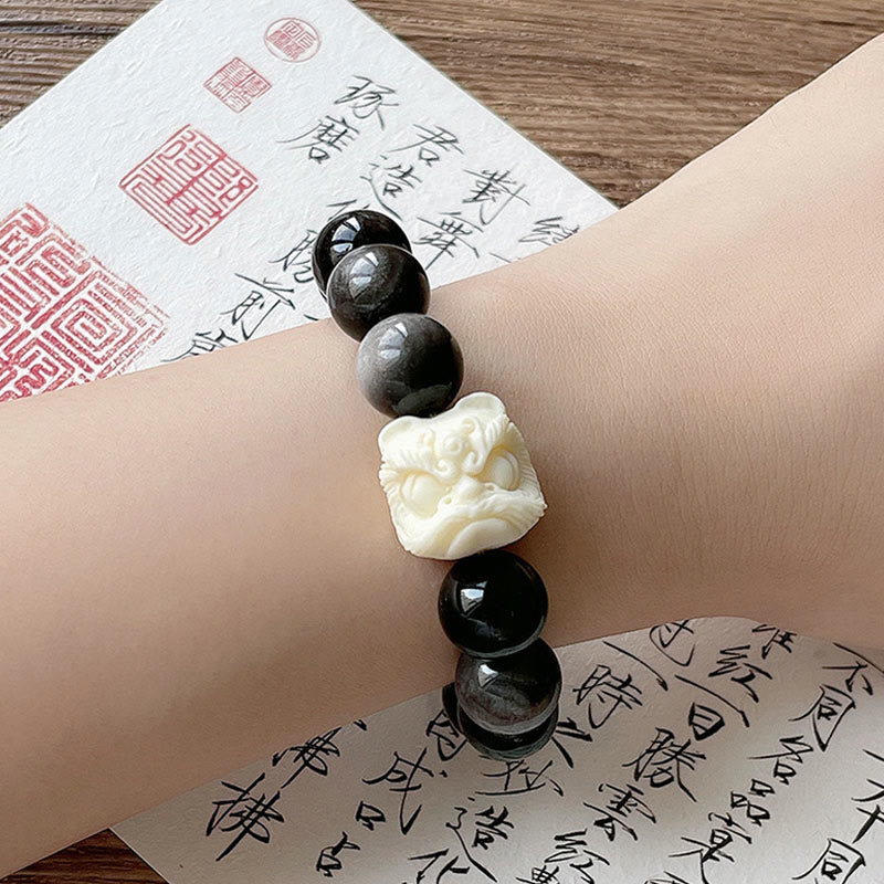 KarmaRipple's Silver Sheen Obsidian Bodhi Seed Ivory Fruit Dancing Lion Protection Bracelet p6