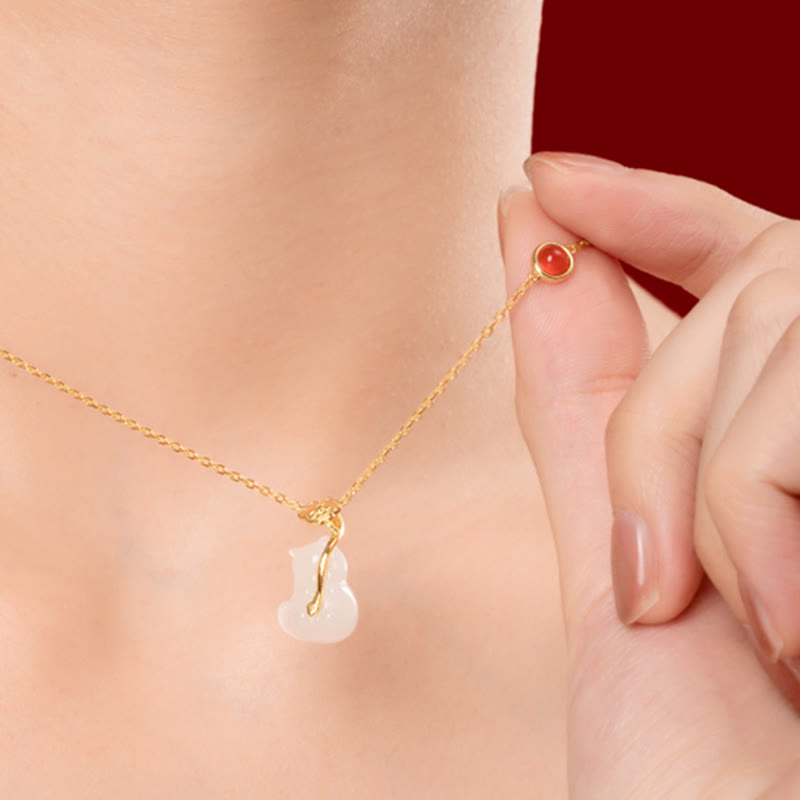 KarmaRipple's 925 Sterling Silver Plated 18K Gold Hetian Jade Ruyi Cat Cinnabar Fortune Bracelet Pendant Necklace Set p7