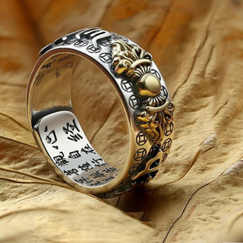 KarmaRipple's Tibetan 990 Sterling Silver Om Mani Padme Hum PiXiu Dorje Vajra Heart Sutra Engraved Wealth Ring p2