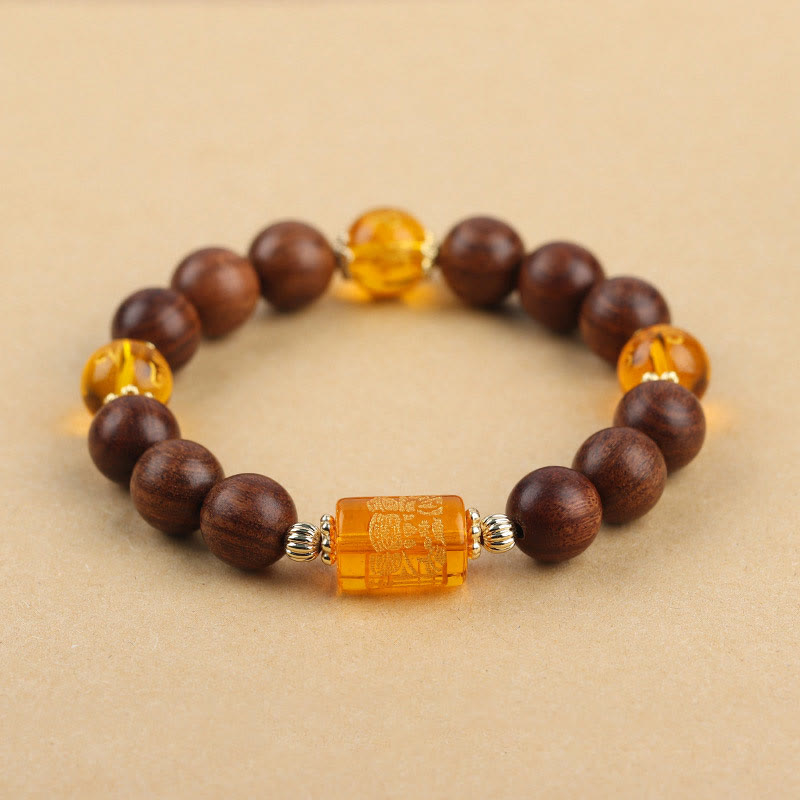 KarmaRipple's Authentic Phoebe Zhennan Wood Om Mani Padme Hum God Of Wealth Gemstone Protection Bracelet p19