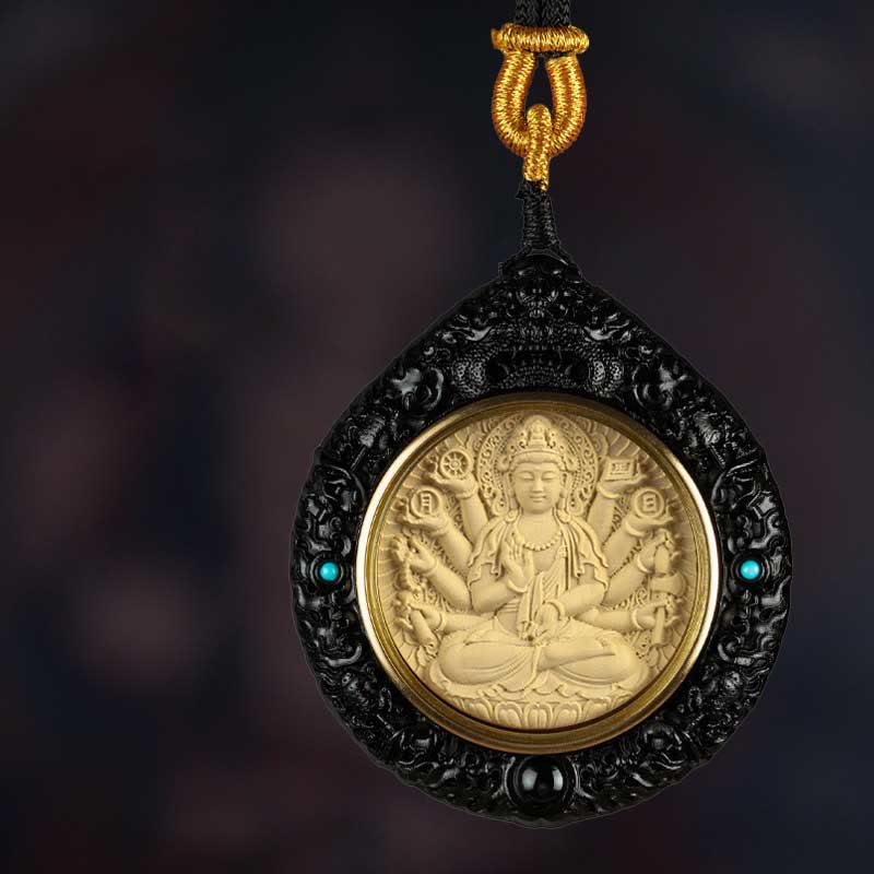 KarmaRipple's Chinese Zodiac Avalokitesvara Small Leaf Red Sandalwood Ebony Longevity Pendant Necklace p37