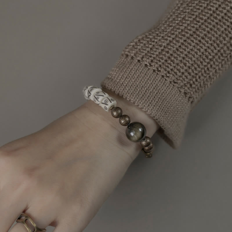 KarmaRipple's Tibetan Yak Bone Gold Sheen Obsidian Brass Bead Strength Bracelet p5