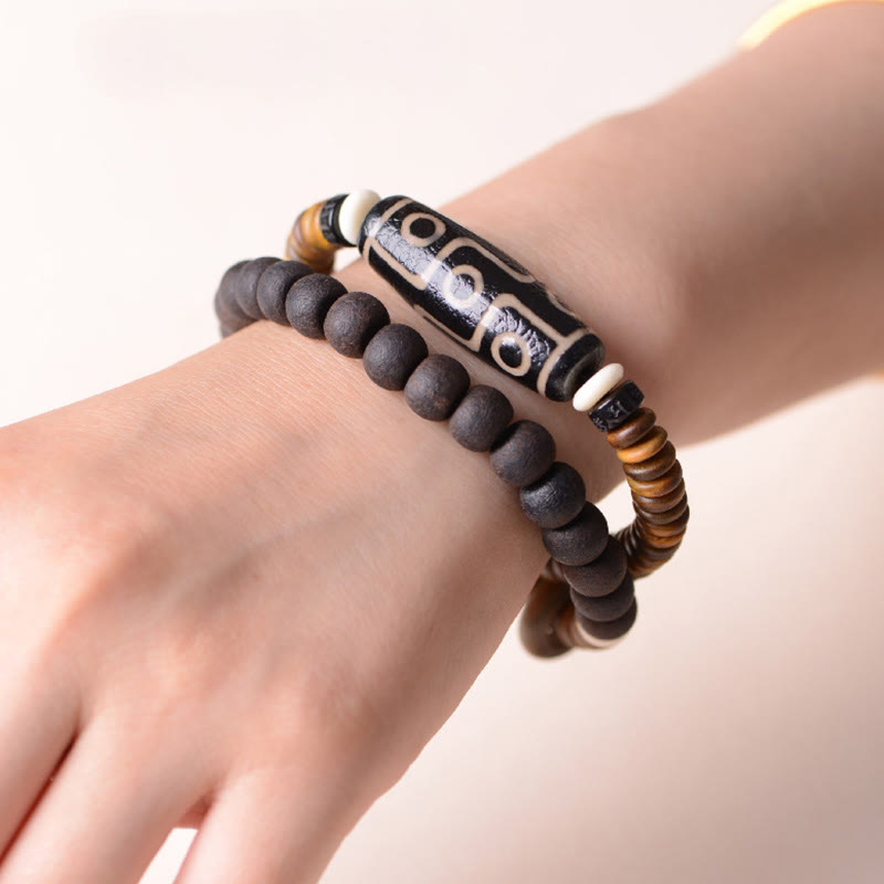 KarmaRipple's Tibetan Nine-Eye Dzi Bead Green Sandalwood Ebony Wood Peace Double Wrap Bracelet p12