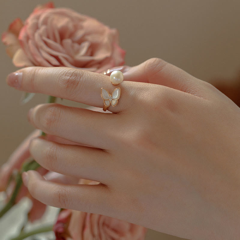 KarmaRipple's 14K Gold Plated Bronze Pearl Tridacna Stone Butterfly Blessing Ring Bracelet Pendant Necklace Earrings Set p8