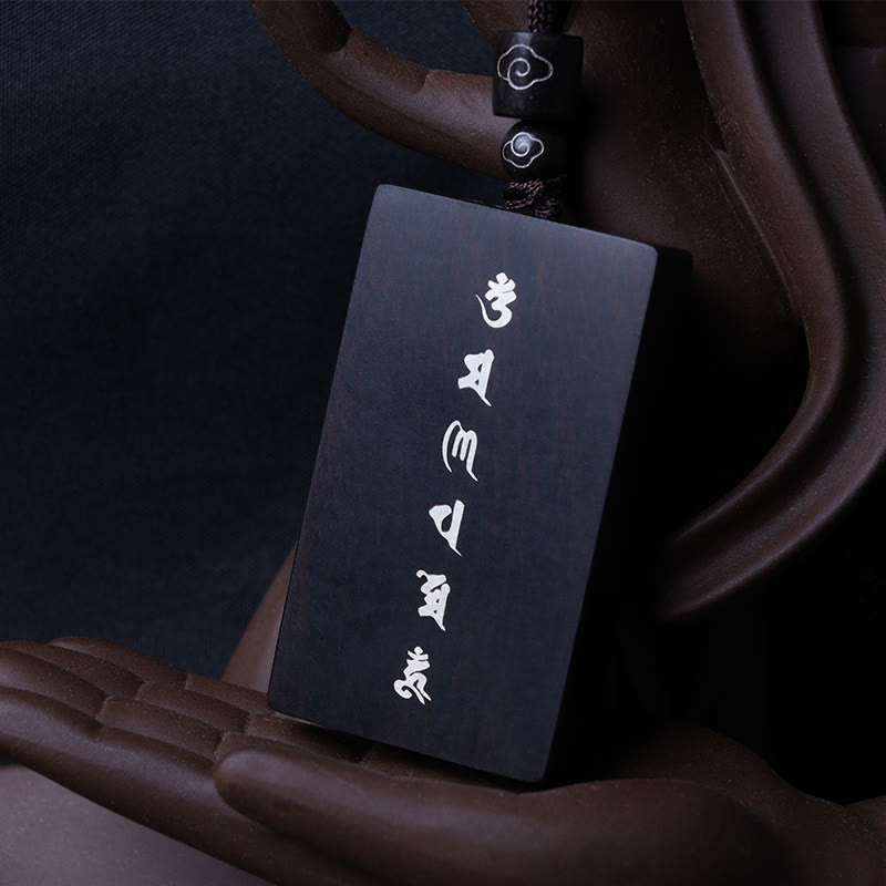 KarmaRipple's 999 Sterling Silver Small Leaf Red Sandalwood Ebony Wood Om Mani Padme Hum Inlaid Protection Pendant Necklace p24