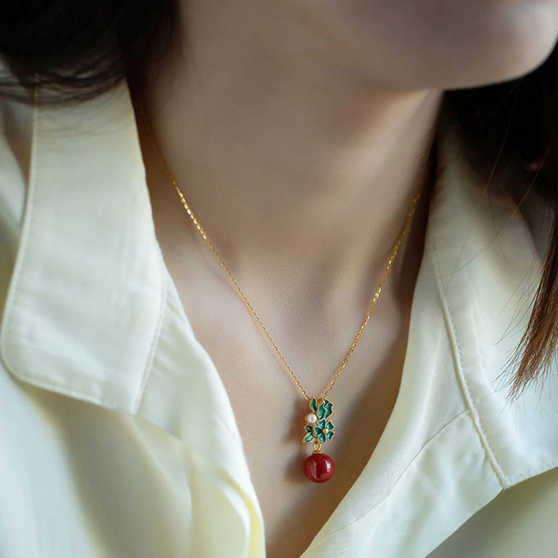 KarmaRipple's 925 Sterling Silver Plated Gold Cinnabar Pearl Flower Blessing Pendant Necklace Earrings Ring Set p11